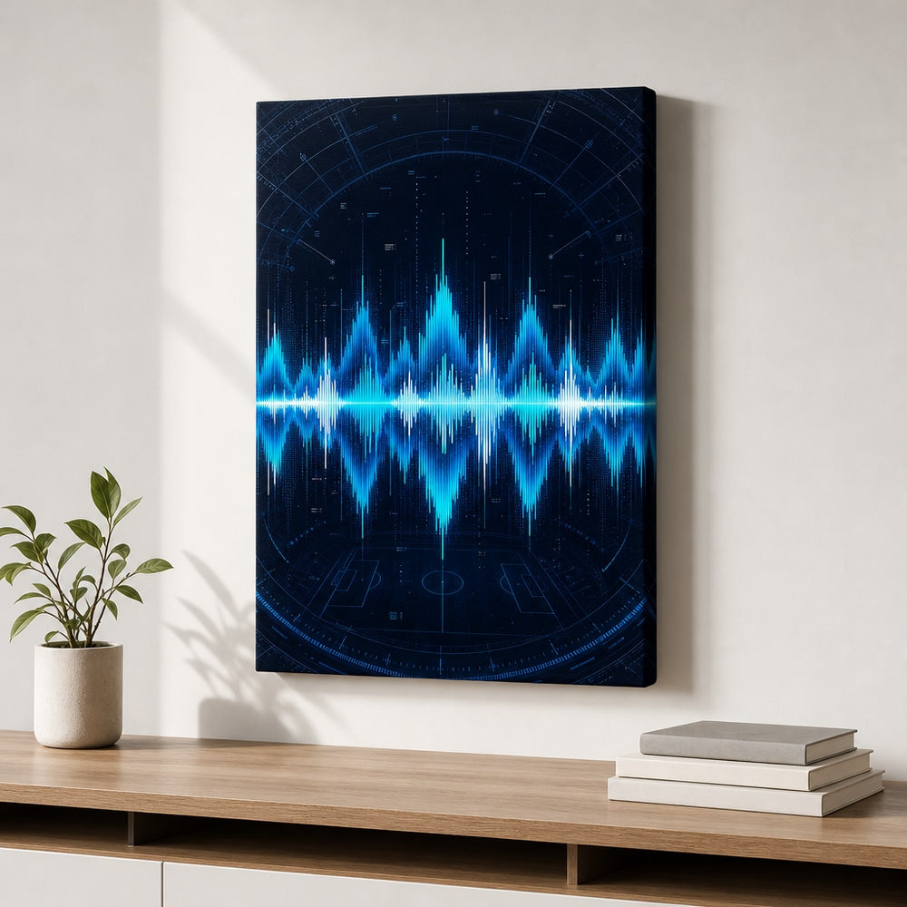 Blue Cyan Tech Soundwave Soccer Canvas Wall Art 18×24 inch wrapped canvas wall mockup