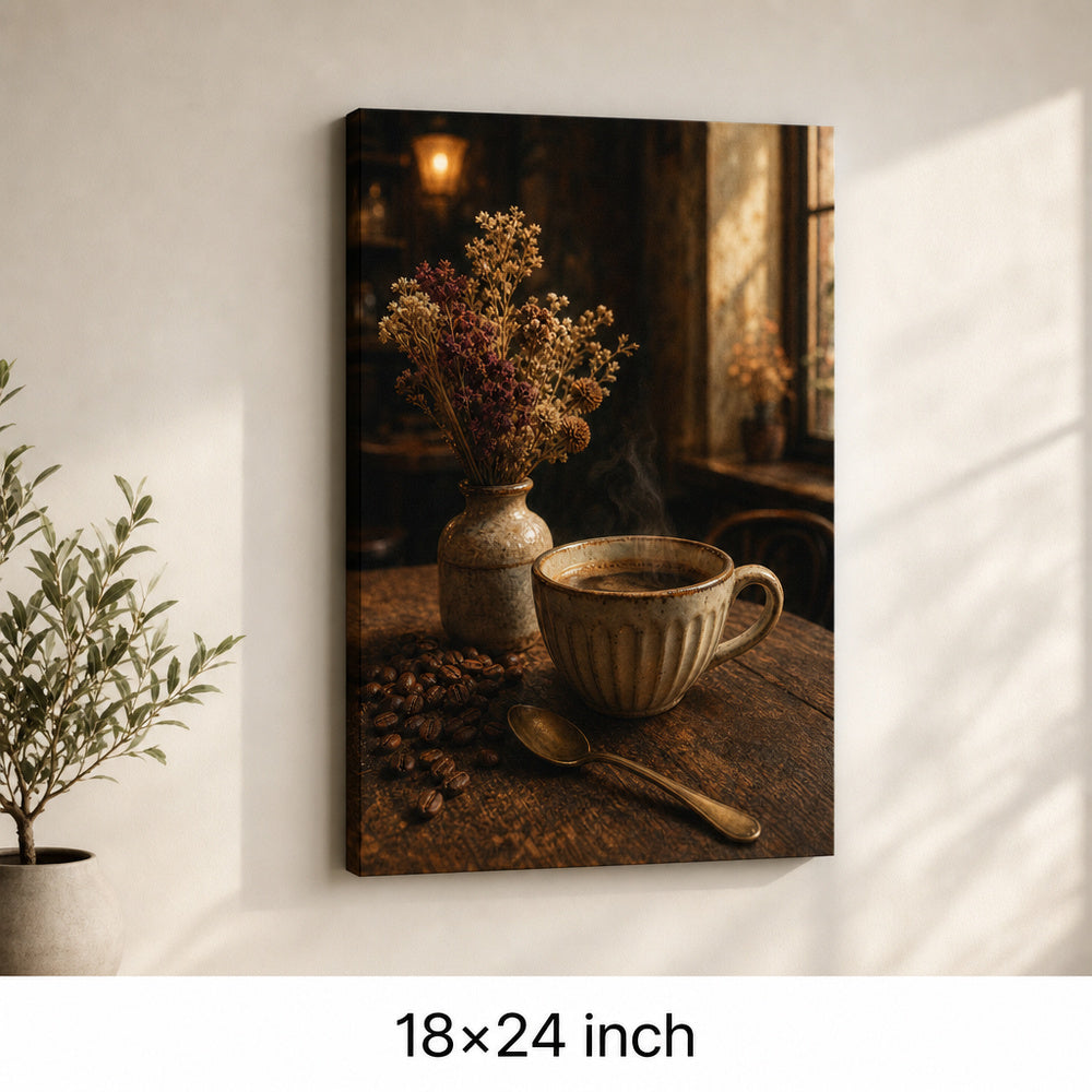 Vintage Coffee Bar Still Life Canvas Wall Art — 18×24 room mockup