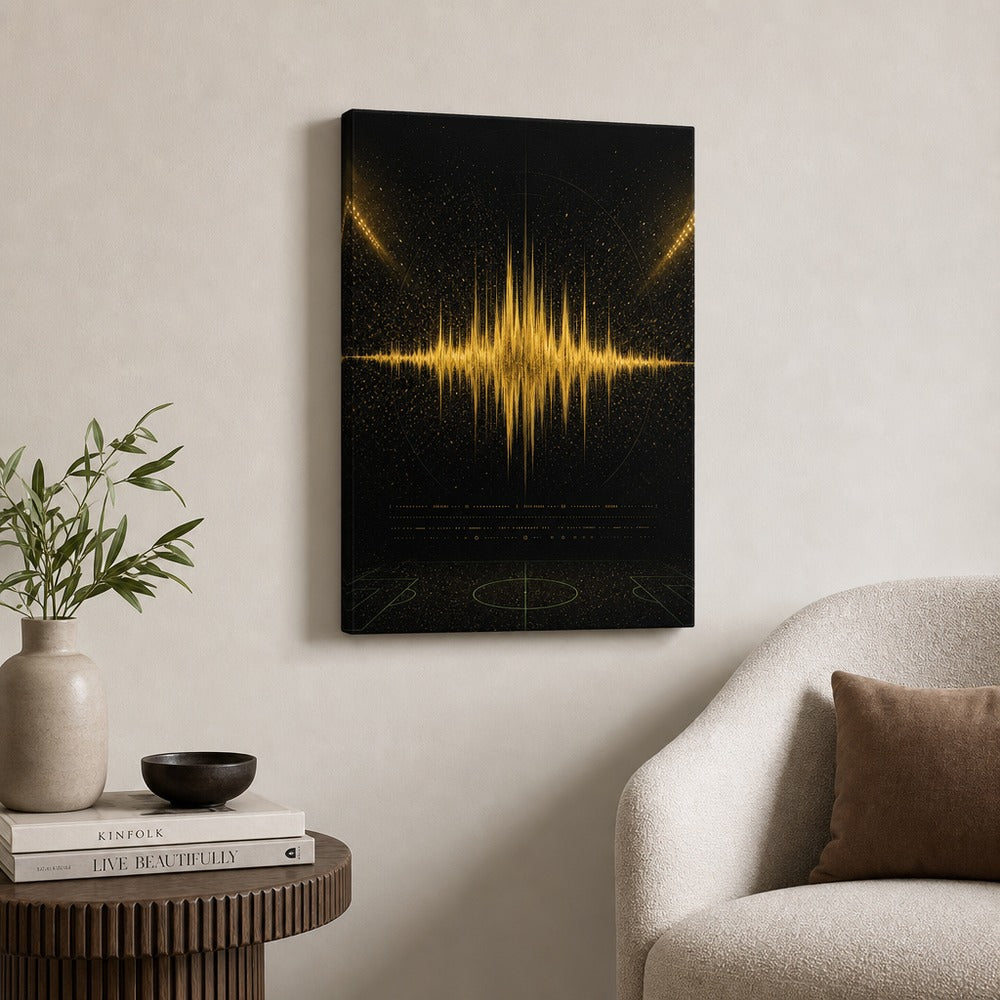 Black Gold Goal Soundwave Soccer Canvas Wall Art 18×24 inch wrapped canvas wall mockup