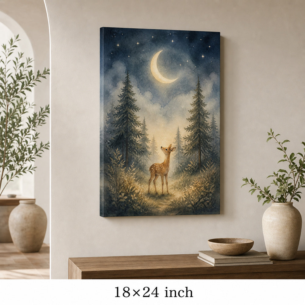 Moonlit Forest Deer Nursery Canvas Wall Art — 18×24 room mockup