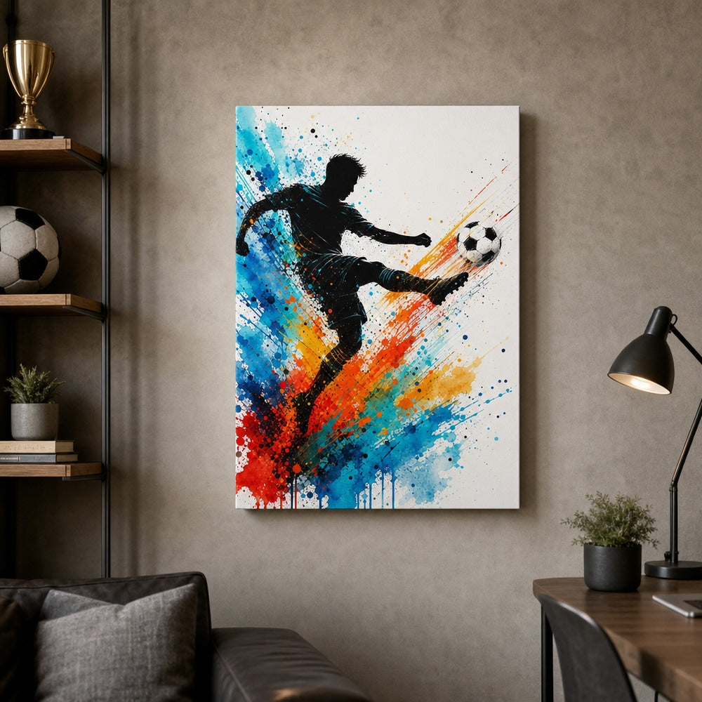 Dynamic Splatter Striker Soccer Canvas Wall Art 02 18×24 inch wrapped canvas wall mockup