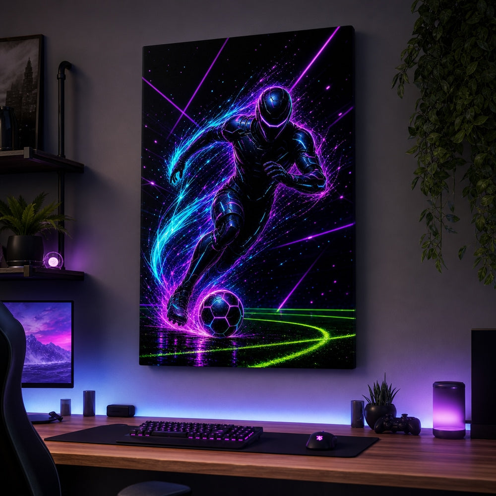 Neon Dribble Light Burst Soccer Canvas Wall Art 24×36 inch wrapped canvas wall mockup