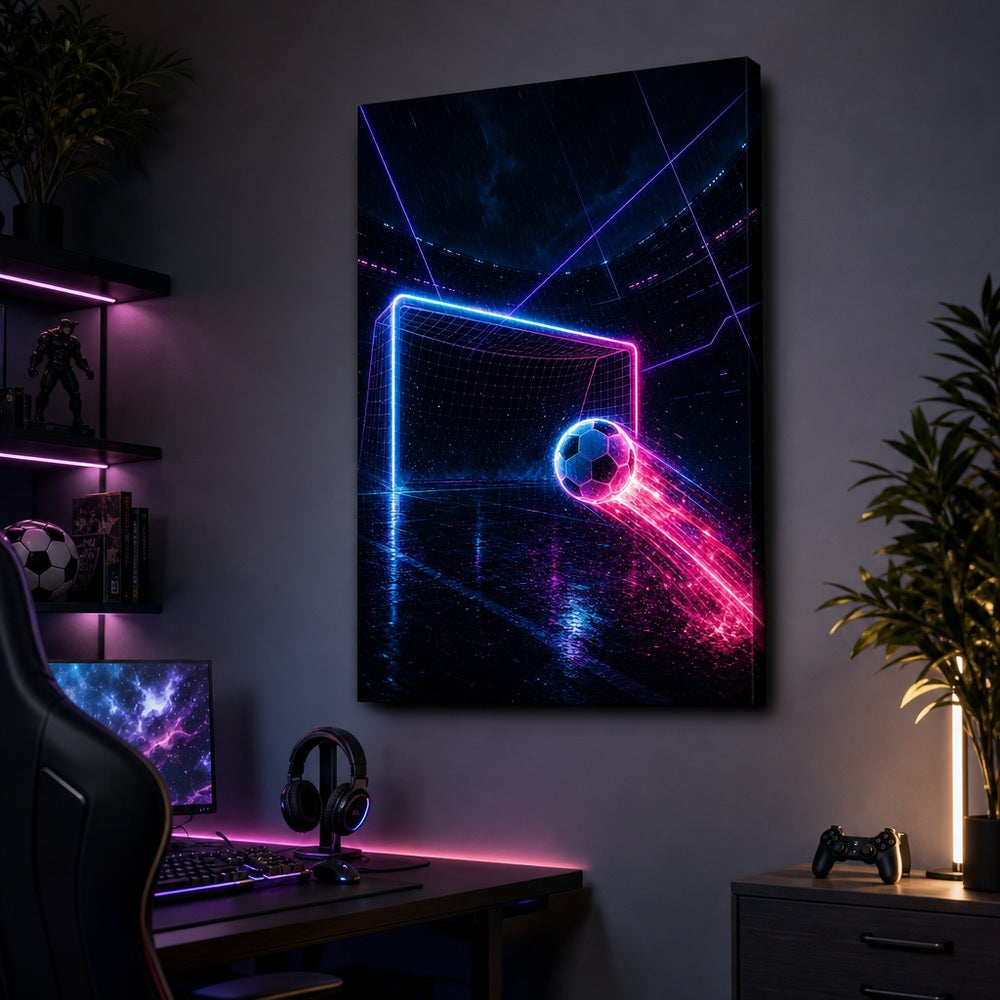 Neon Goal Trails Soccer Canvas Wall Art 24×36 inch wrapped canvas wall mockup