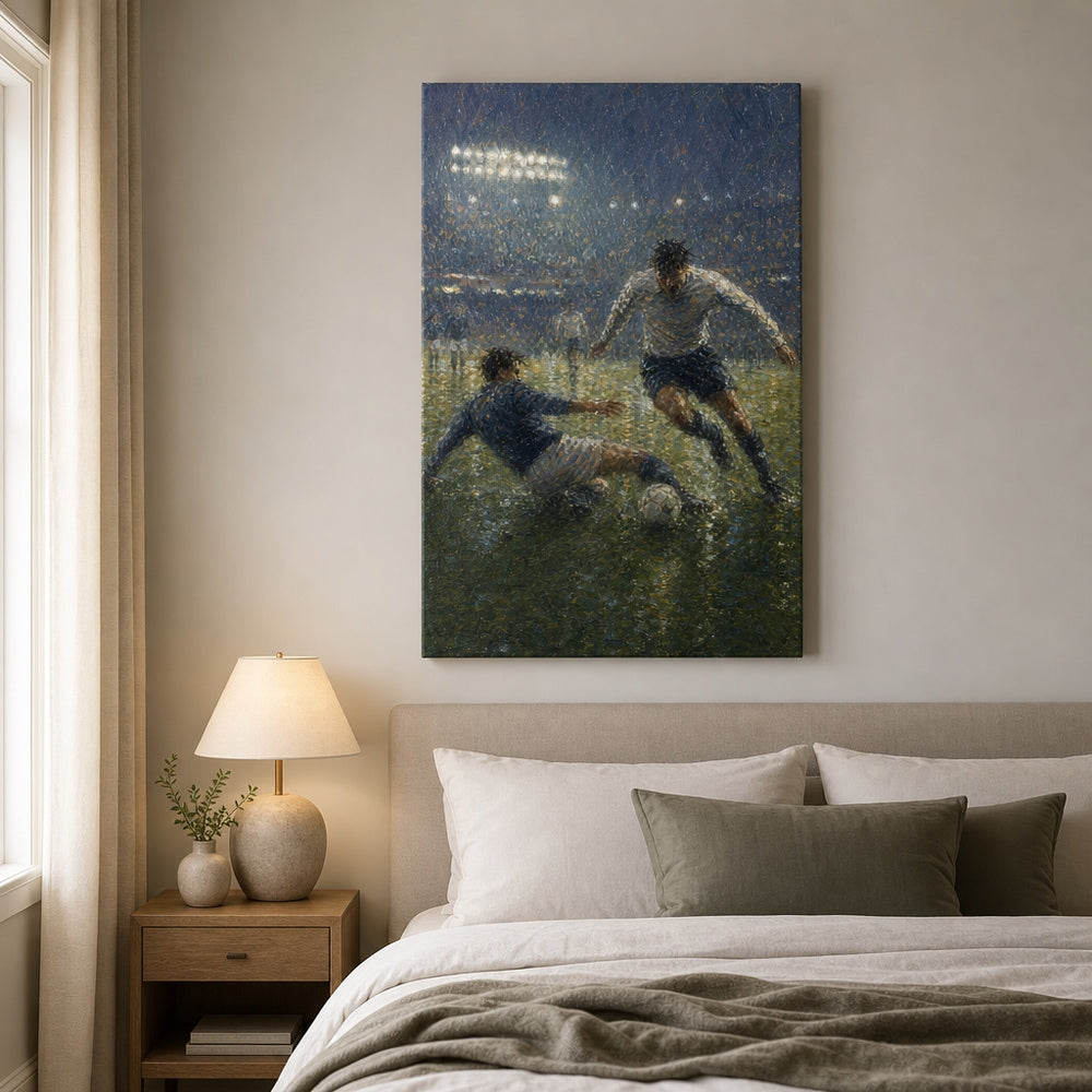 Impressionist Rain Tackle Soccer Canvas Wall Art 24×36 inch wrapped canvas wall mockup