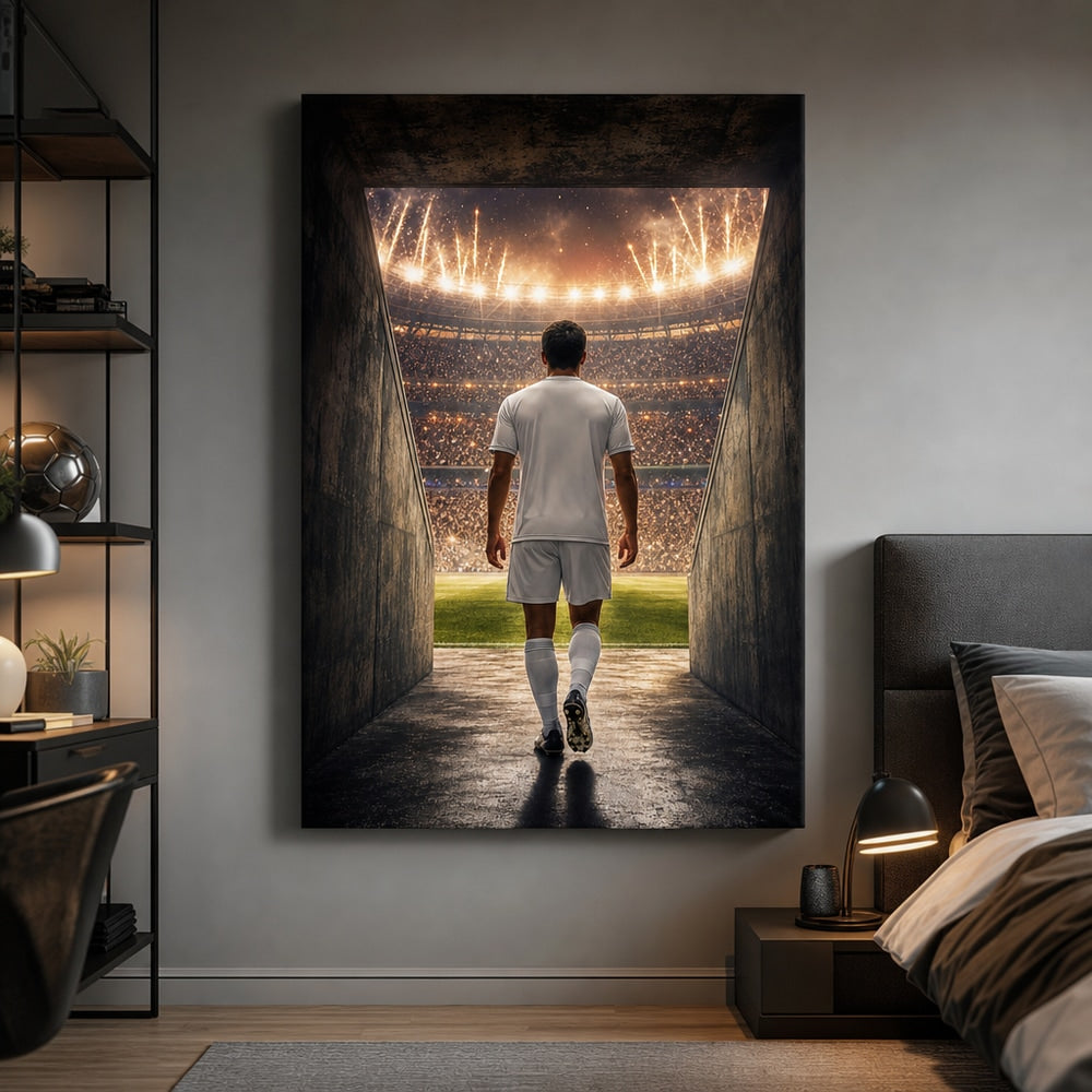 Custom Soccer Player Tunnel Canvas Wall Art 24×36 inch wrapped canvas wall mockup generated with gpt-image-2
