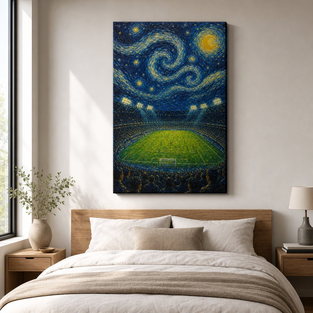 Starry Night Stadium Soccer Canvas Wall Art 24×36 inch wrapped canvas wall mockup