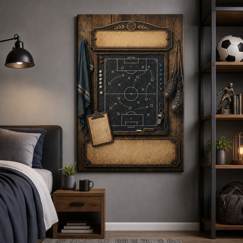 Custom Vintage Soccer Tactics Board Canvas Wall Art 24×36 inch wrapped canvas wall mockup generated with gpt-image-2