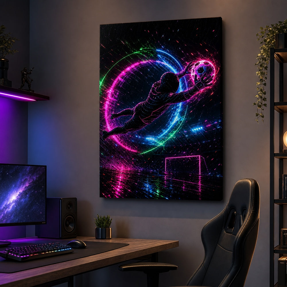 Neon Keeper Save Soccer Canvas Wall Art 24×36 inch wrapped canvas wall mockup
