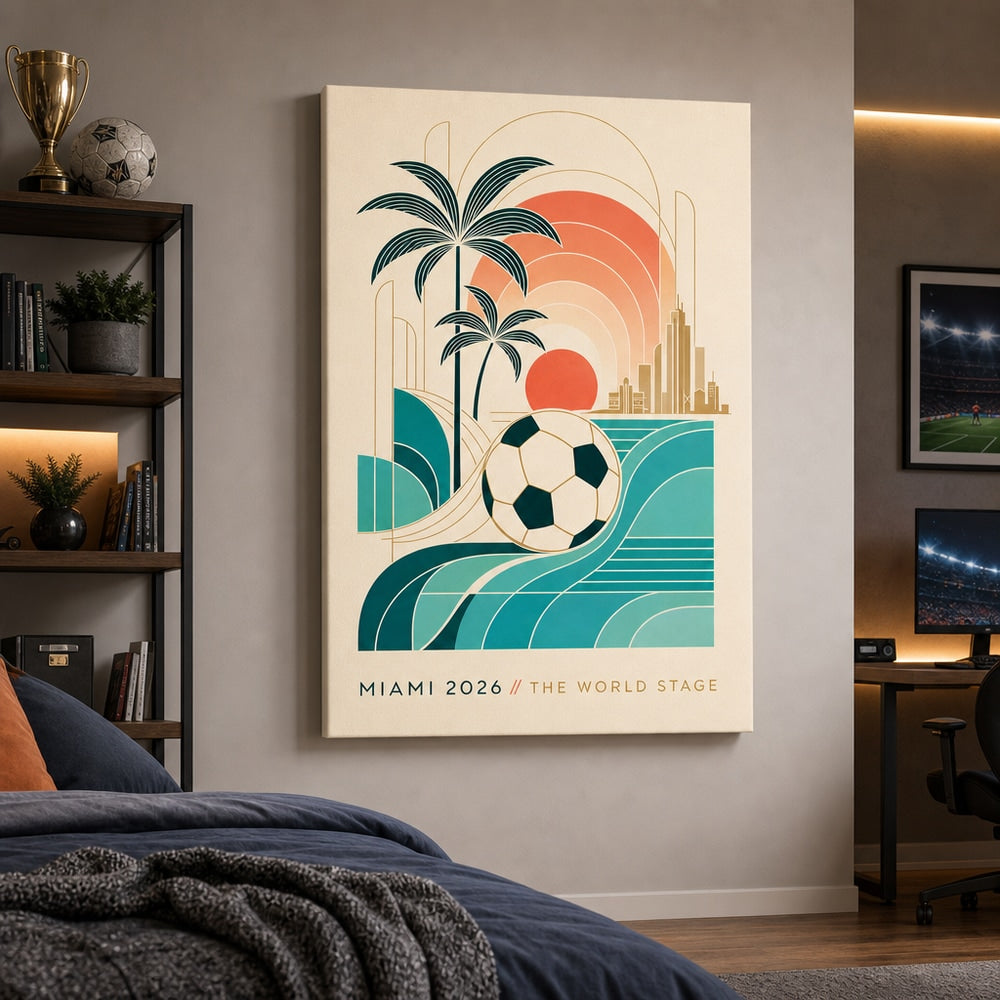 Miami 2026 World Stage Soccer Canvas Wall Art 24×36 inch wrapped canvas wall mockup