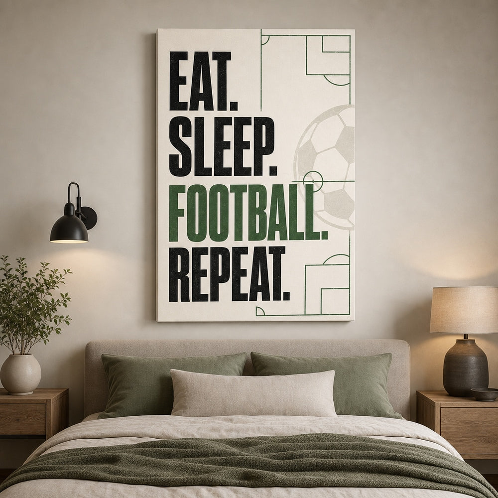 Eat Sleep Football Repeat Typography Canvas Wall Art 24×36 inch wrapped canvas wall mockup