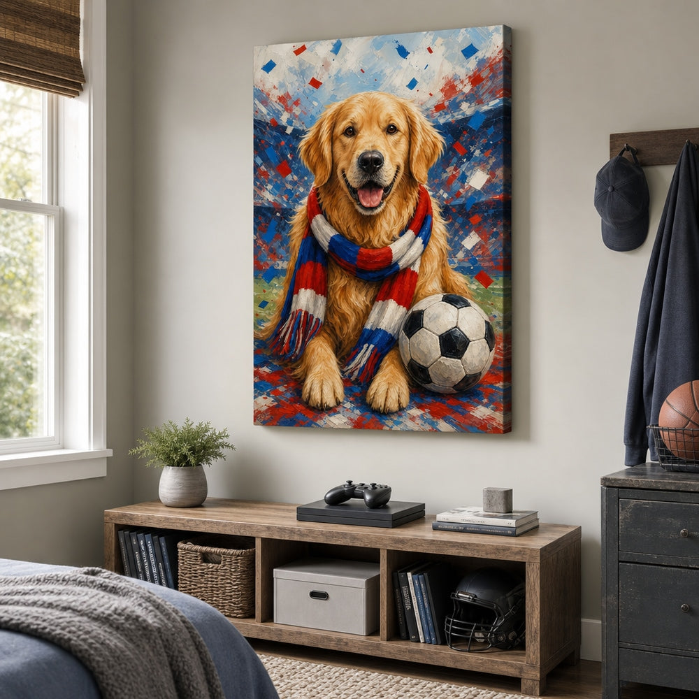 Golden Retriever Soccer Fan Canvas Wall Art 24×36 inch wrapped canvas wall mockup