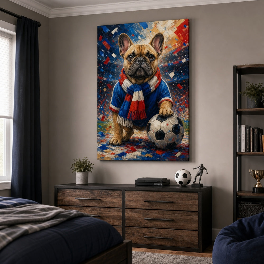 French Bulldog Soccer Fan Canvas Wall Art 24×36 inch wrapped canvas wall mockup