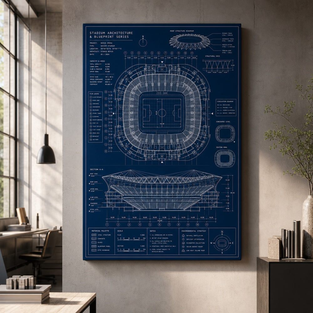 Blueprint Grand Stadium Cutaway Canvas Wall Art 24×36 inch wrapped canvas wall mockup