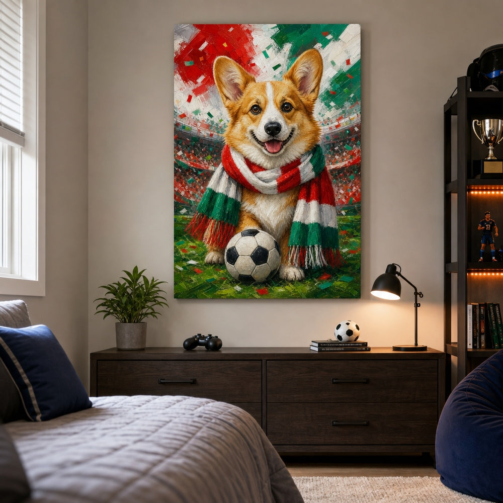 Corgi Soccer Fan Canvas Wall Art 24×36 inch wrapped canvas wall mockup