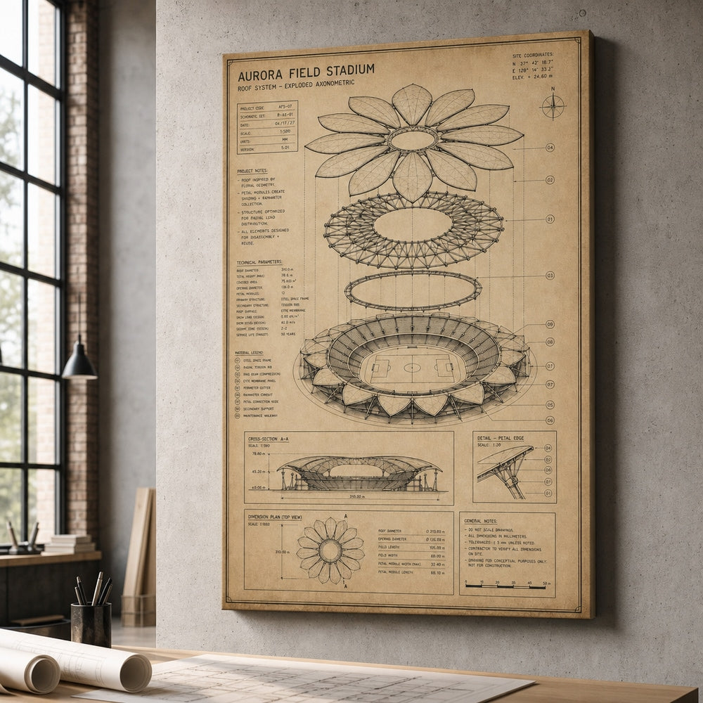 Kraft Paper Stadium Roof Blueprint Canvas Wall Art 24×36 inch wrapped canvas wall mockup