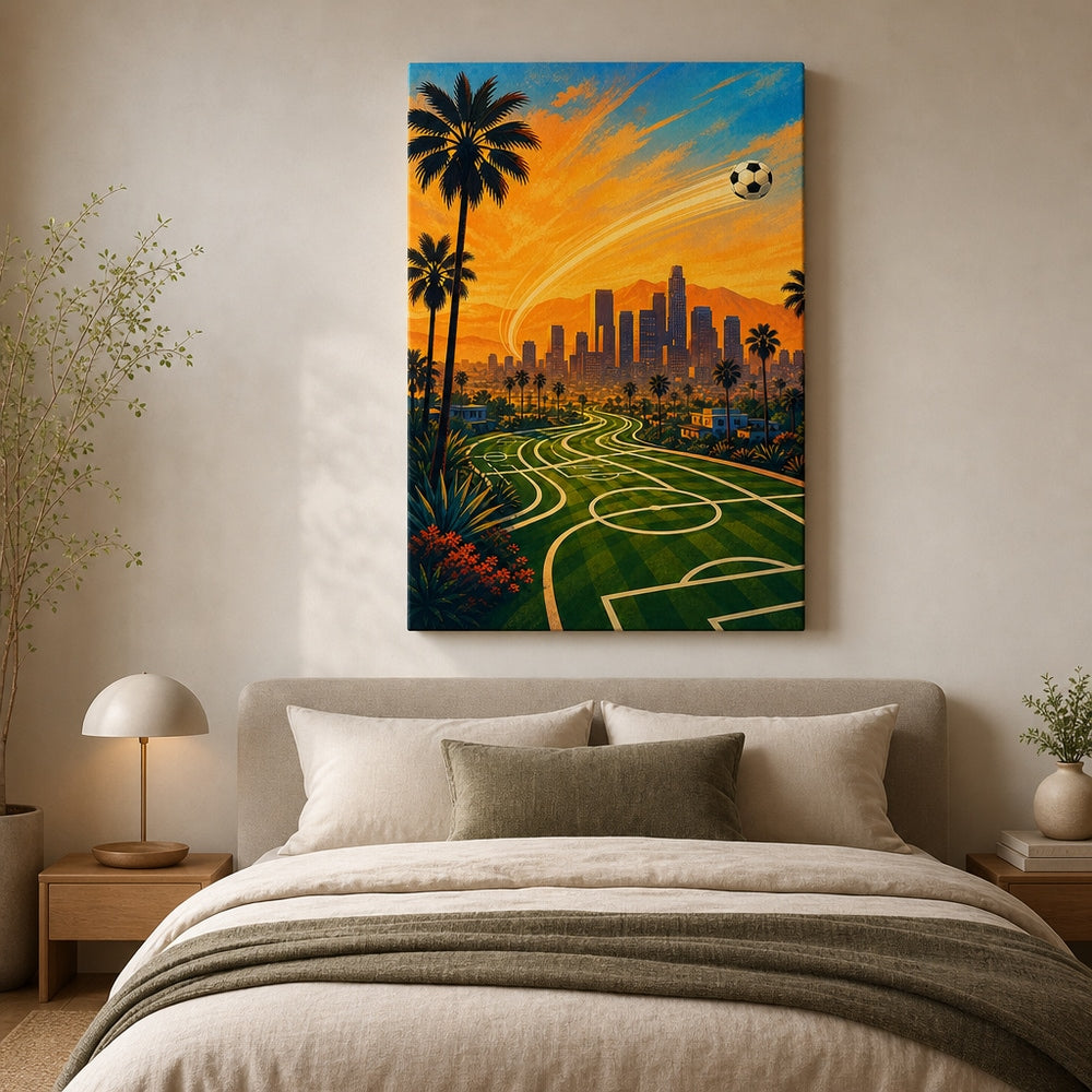 Los Angeles Palm Skyline Soccer Canvas Wall Art 24×36 inch wrapped canvas wall mockup