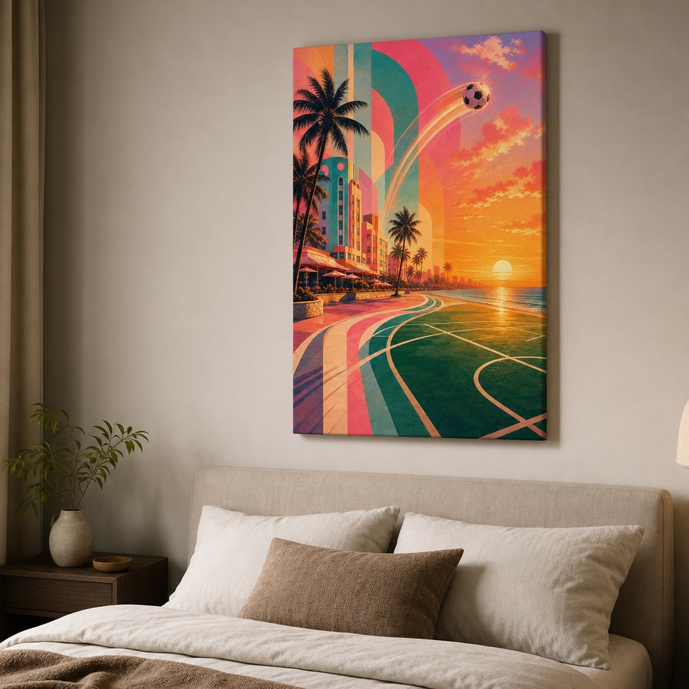 Miami Beach Sunset Soccer Canvas Wall Art 24×36 inch wrapped canvas wall mockup
