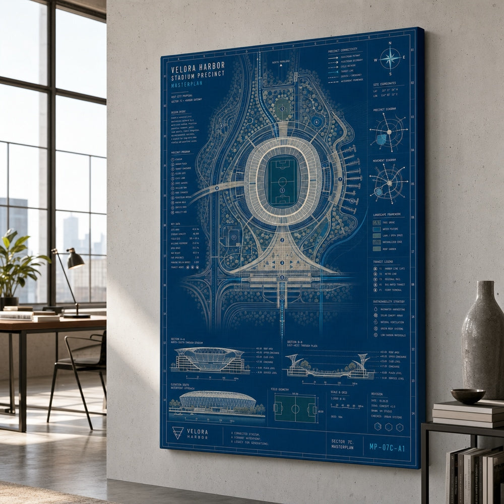 Host City Stadium Masterplan Canvas Wall Art 24×36 inch wrapped canvas wall mockup