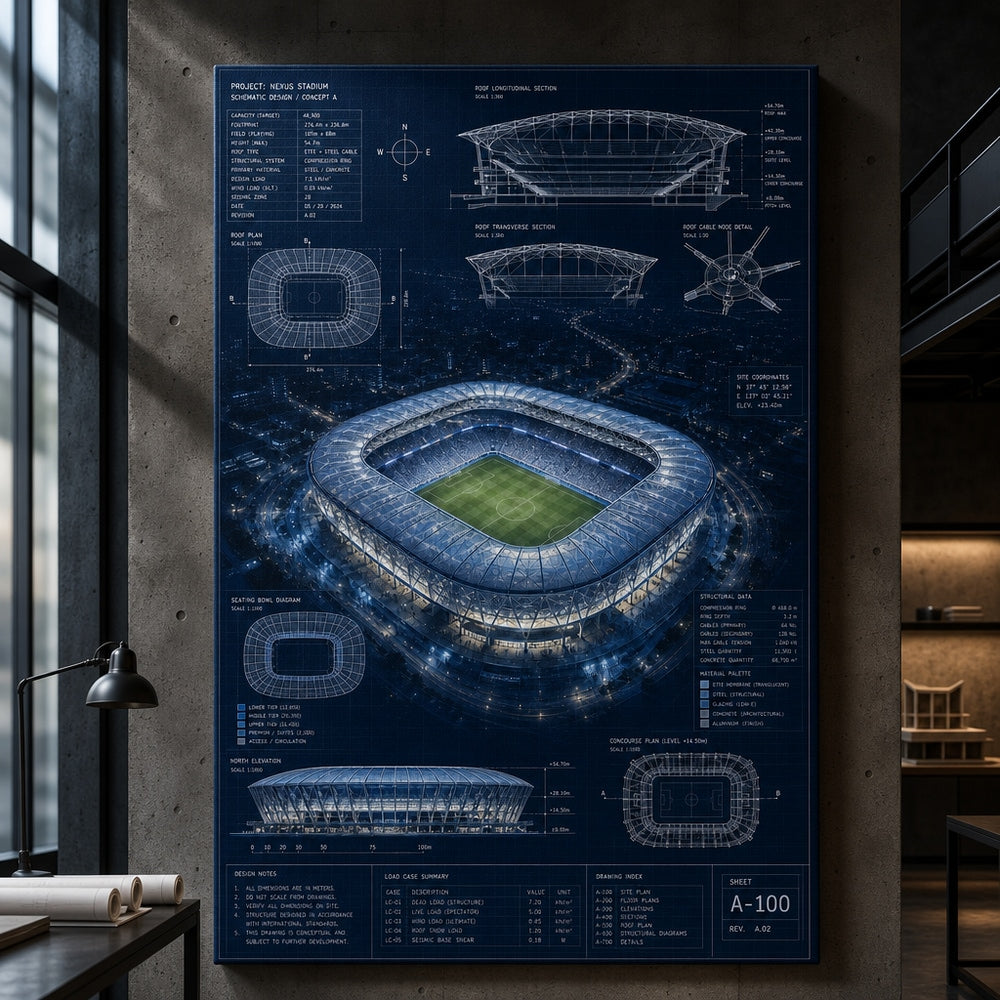 Night Stadium Blueprint Overlay Canvas Wall Art 24×36 inch wrapped canvas wall mockup