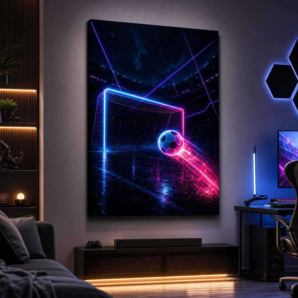 Neon Goal Trails Soccer Canvas Wall Art 30×40 inch wrapped canvas wall mockup
