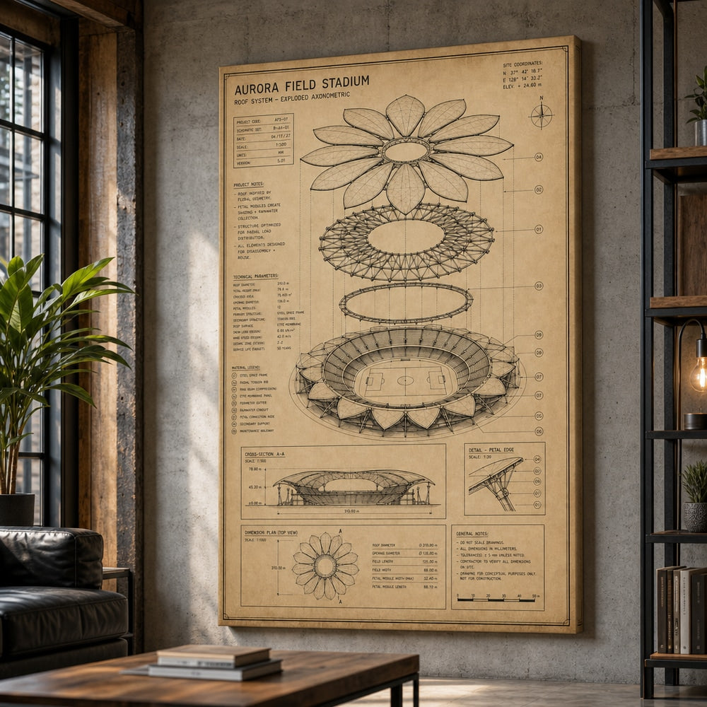 Kraft Paper Stadium Roof Blueprint Canvas Wall Art 30×40 inch wrapped canvas wall mockup