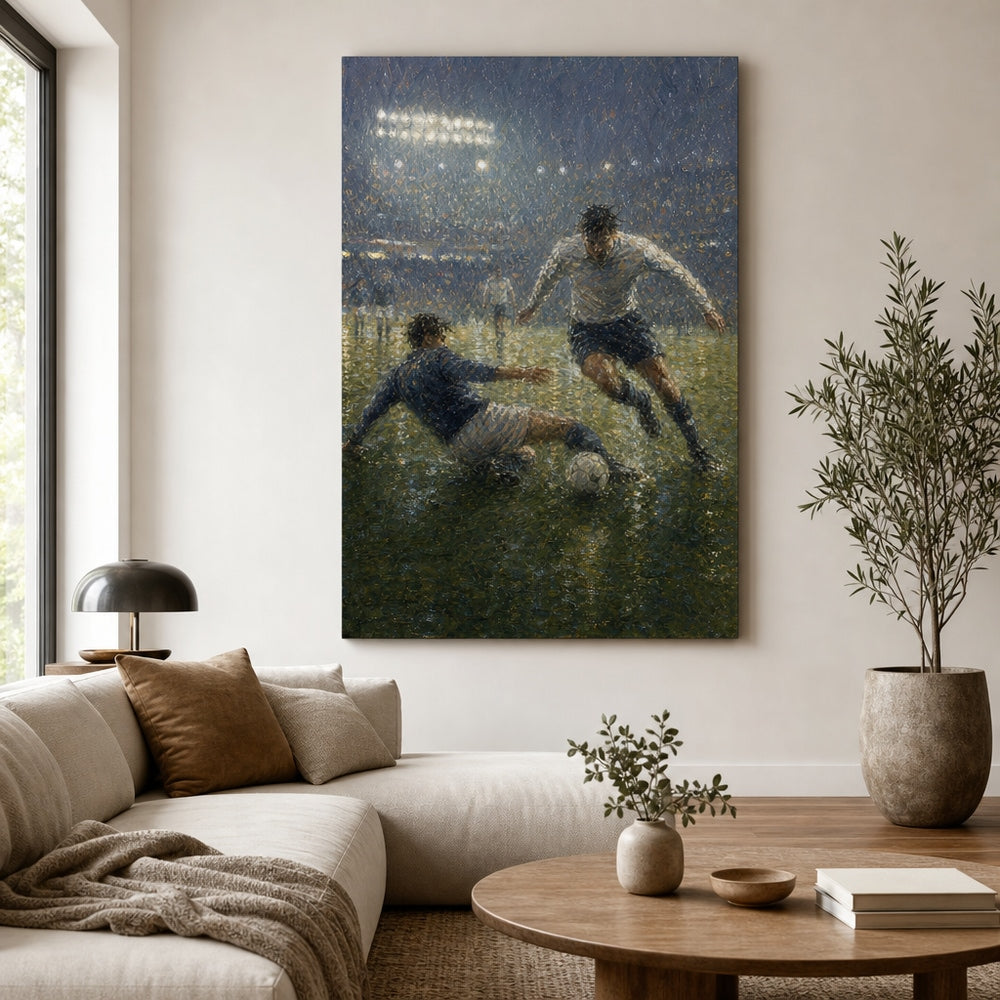 Impressionist Rain Tackle Soccer Canvas Wall Art 30×40 inch wrapped canvas wall mockup