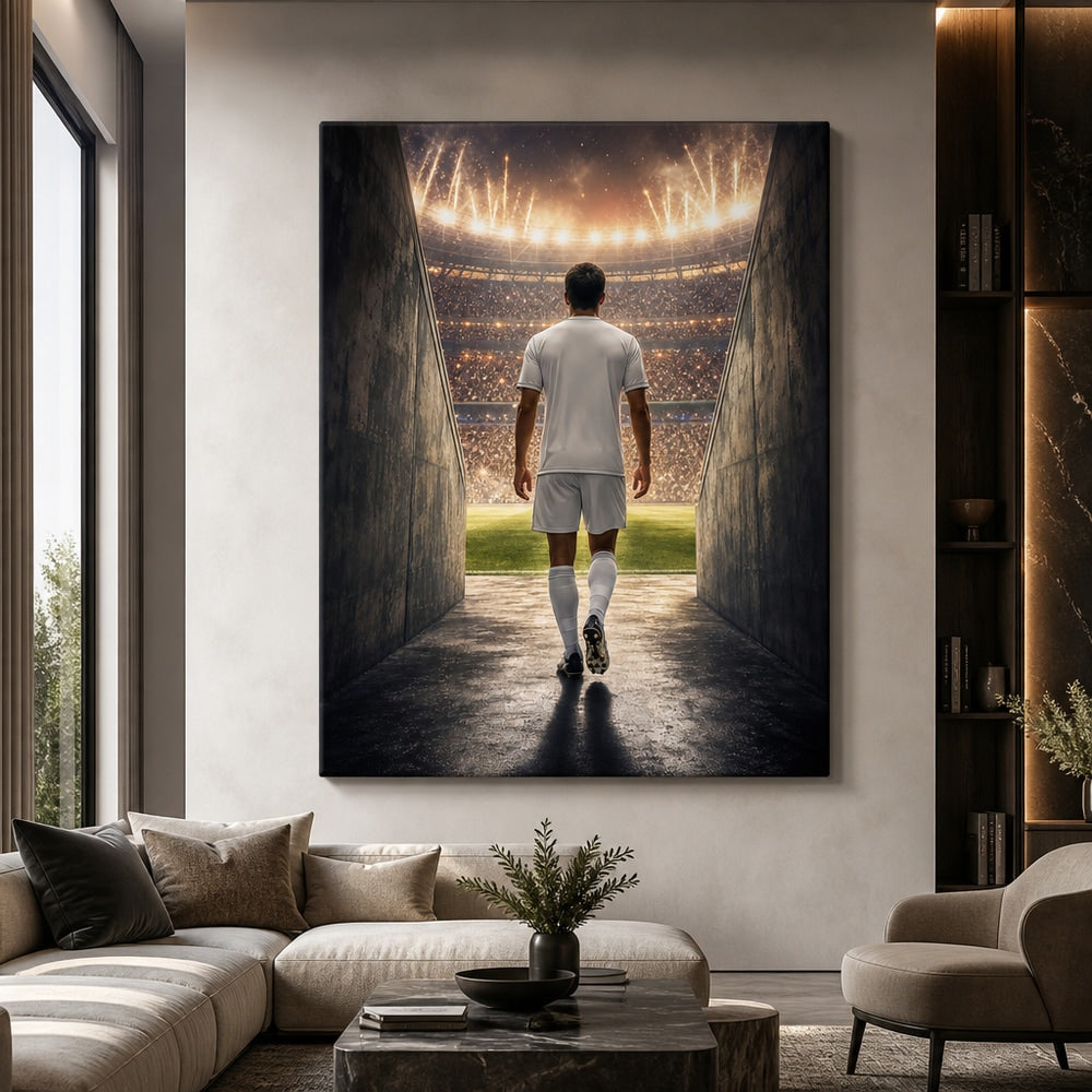 Custom Soccer Player Tunnel Canvas Wall Art 30×40 inch wrapped canvas wall mockup generated with gpt-image-2