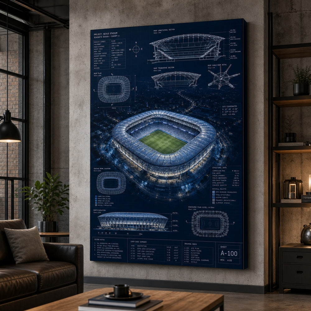 Night Stadium Blueprint Overlay Canvas Wall Art 30×40 inch wrapped canvas wall mockup