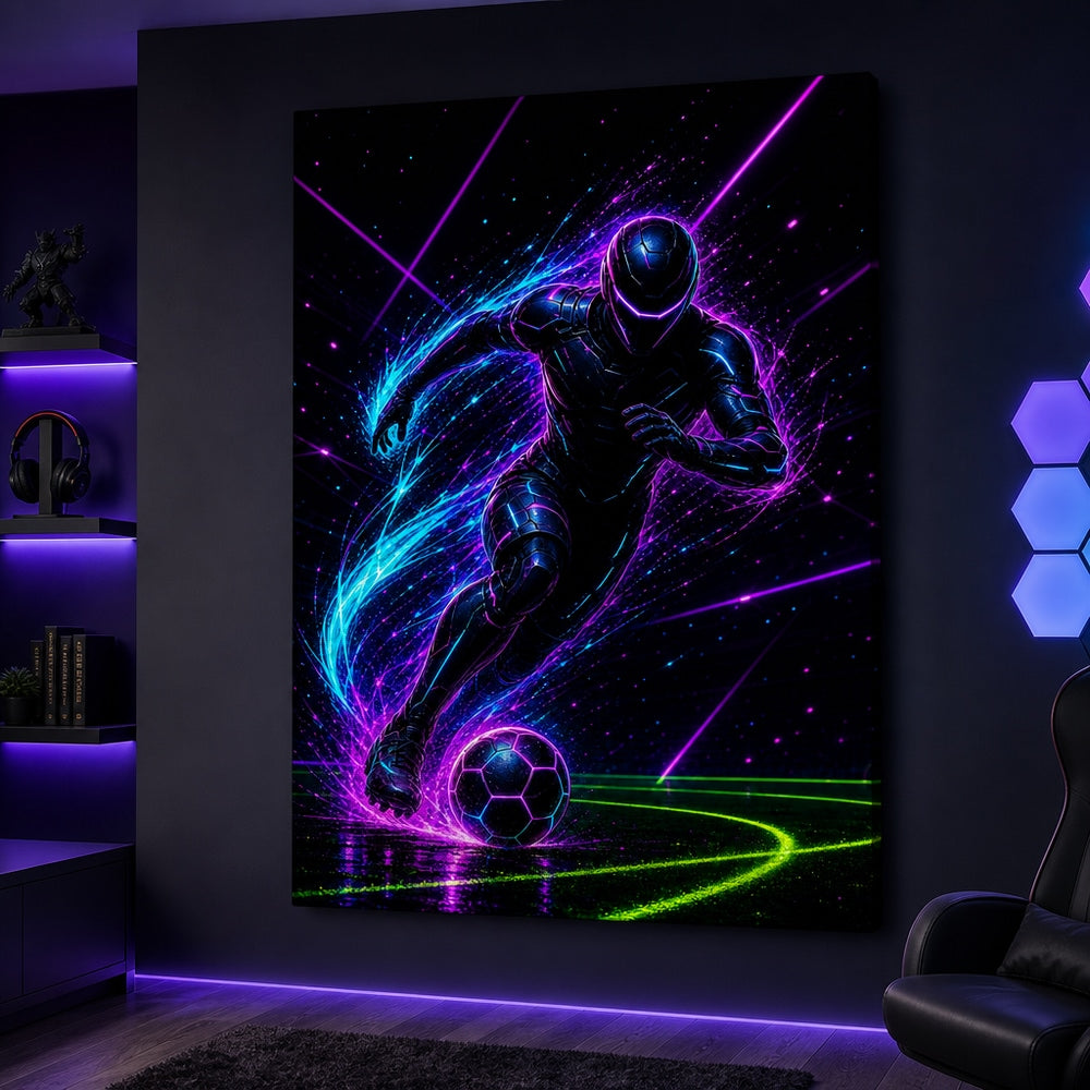 Neon Dribble Light Burst Soccer Canvas Wall Art 30×40 inch wrapped canvas wall mockup