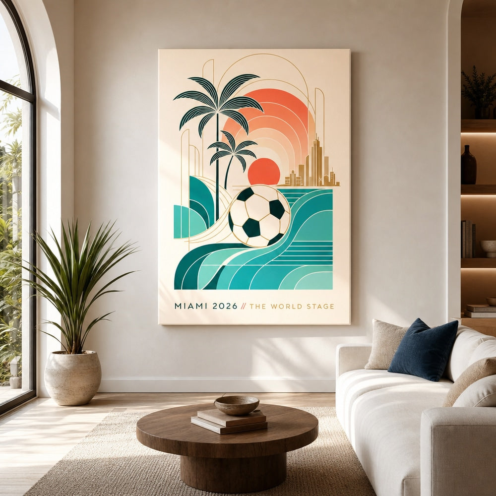 Miami 2026 World Stage Soccer Canvas Wall Art 30×40 inch wrapped canvas wall mockup