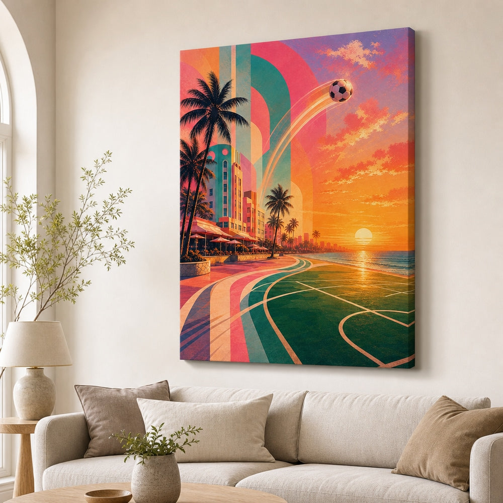 Miami Beach Sunset Soccer Canvas Wall Art 30×40 inch wrapped canvas wall mockup