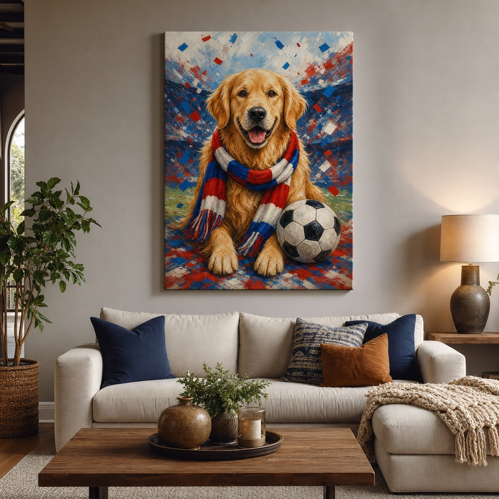 Golden Retriever Soccer Fan Canvas Wall Art 30×40 inch wrapped canvas wall mockup