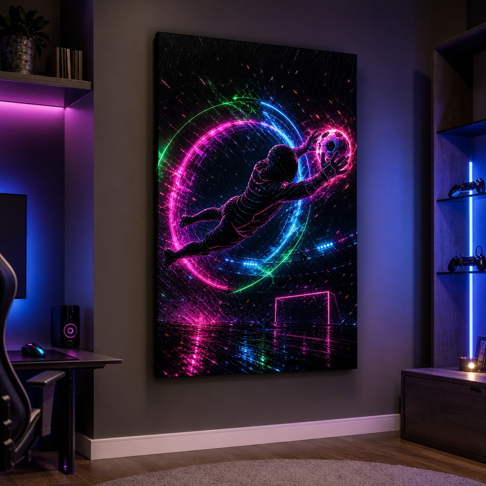 Neon Keeper Save Soccer Canvas Wall Art 30×40 inch wrapped canvas wall mockup