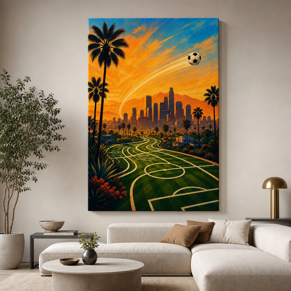 Los Angeles Palm Skyline Soccer Canvas Wall Art 30×40 inch wrapped canvas wall mockup