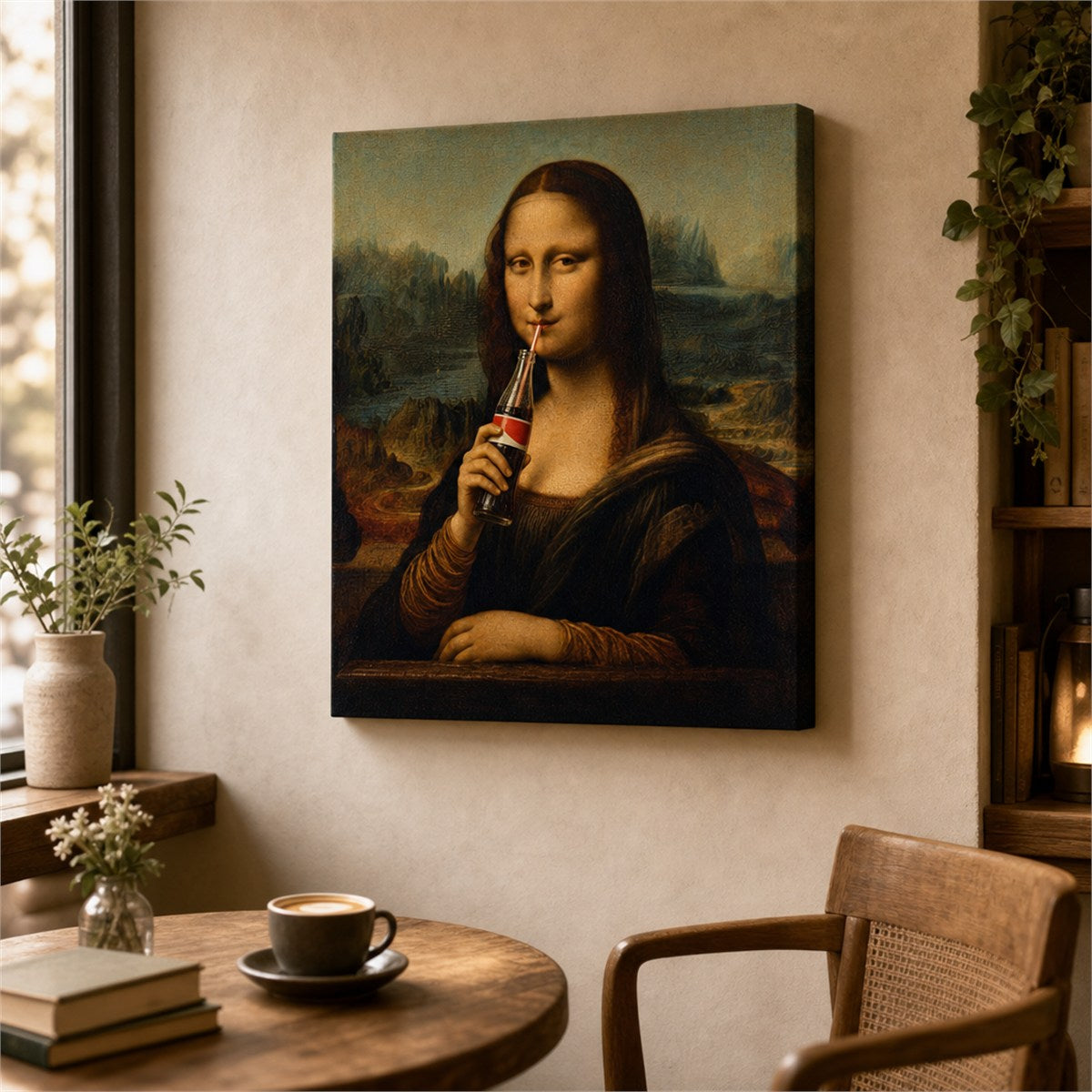 Canvas wall art mockup in cozy cafe reading corner