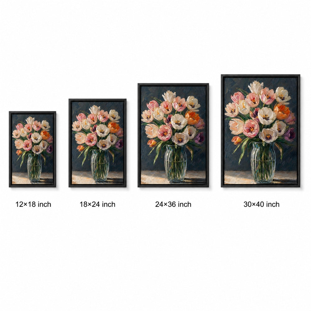 Pink and White Tulips in Glass Vase Floater Frame Canvas Wall Art — size comparison in a floater frame