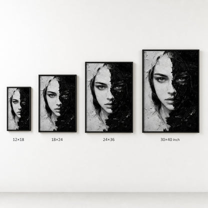 Black White Impasto Split Face Wall Art floating frame wall art - 06