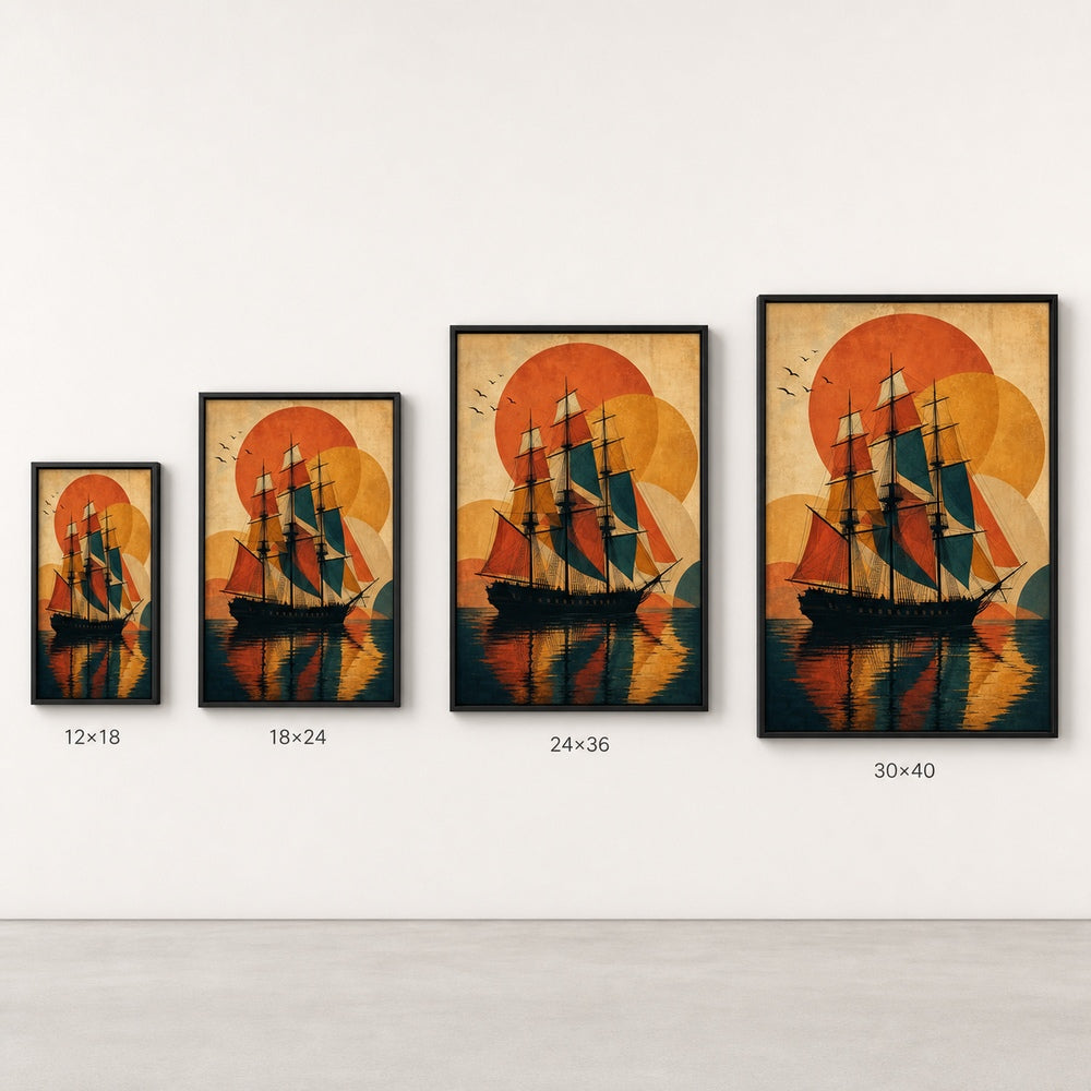 Black Three Mast Ship Retro Vector Wall Art floating frame wall art - 06