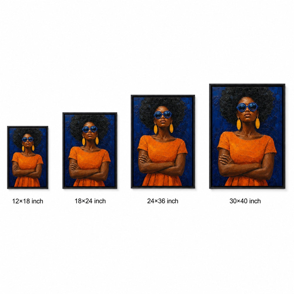 Confident Woman with Blue Sunglasses Floater Frame Canvas Wall Art — size comparison in a floater frame