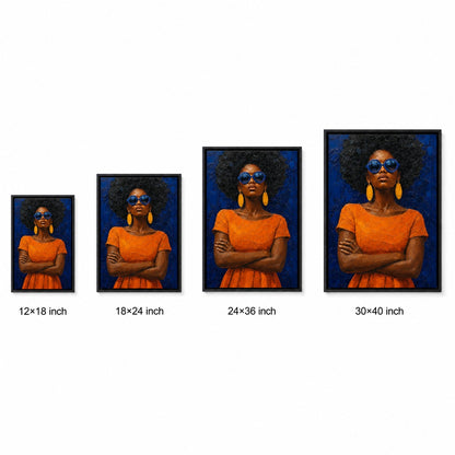 Confident Woman with Blue Sunglasses Floater Frame Canvas Wall Art — size comparison in a floater frame