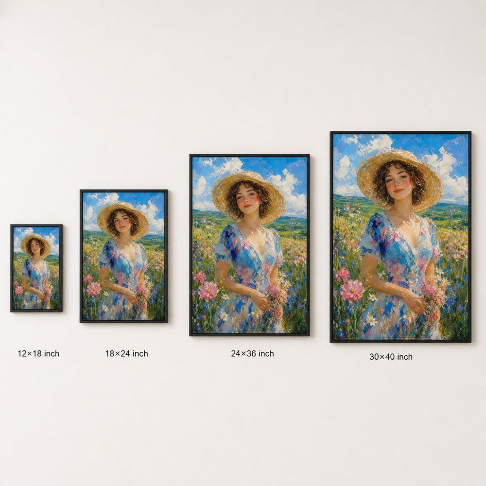 Impressionist Young Woman Wildflowers Hat Wall Art floating frame wall art - 06