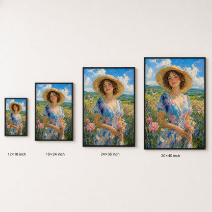 Impressionist Young Woman Wildflowers Hat Wall Art floating frame wall art - 06