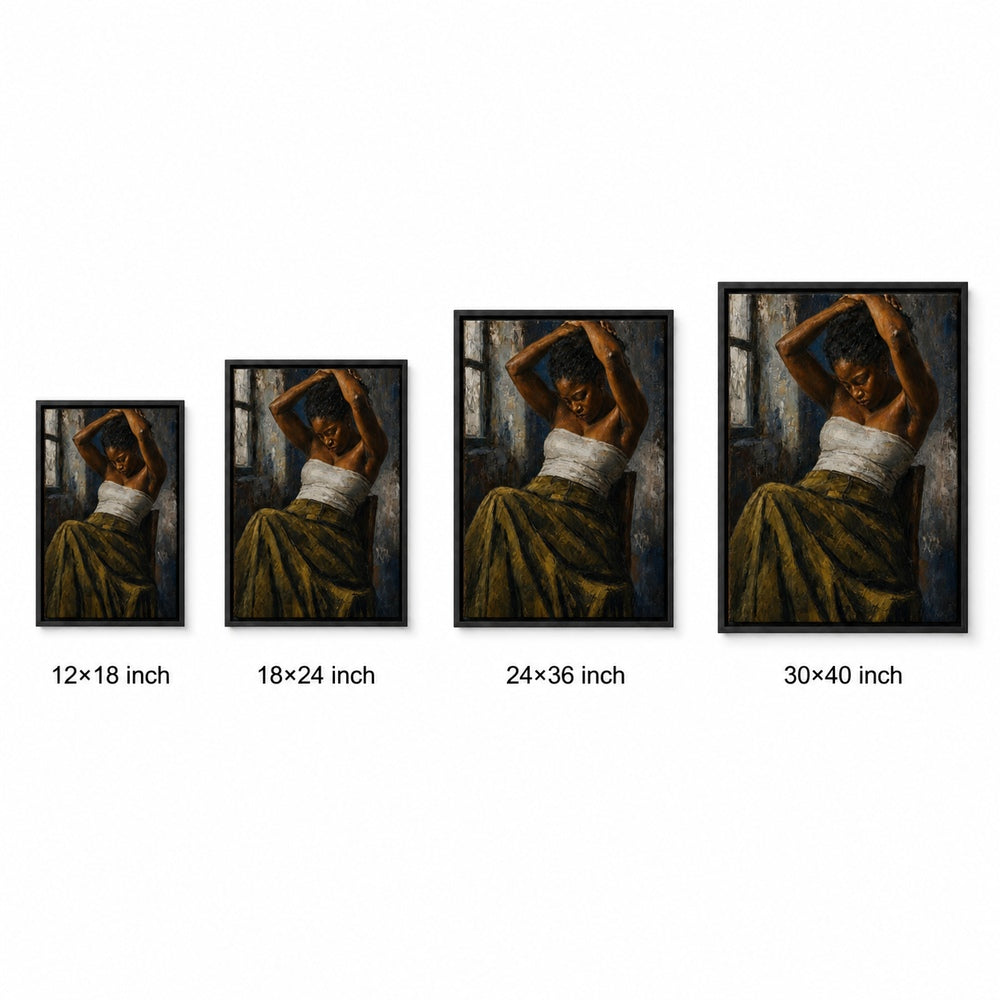 Contemplative Seated Woman Floater Frame Canvas Wall Art — size comparison in a floater frame
