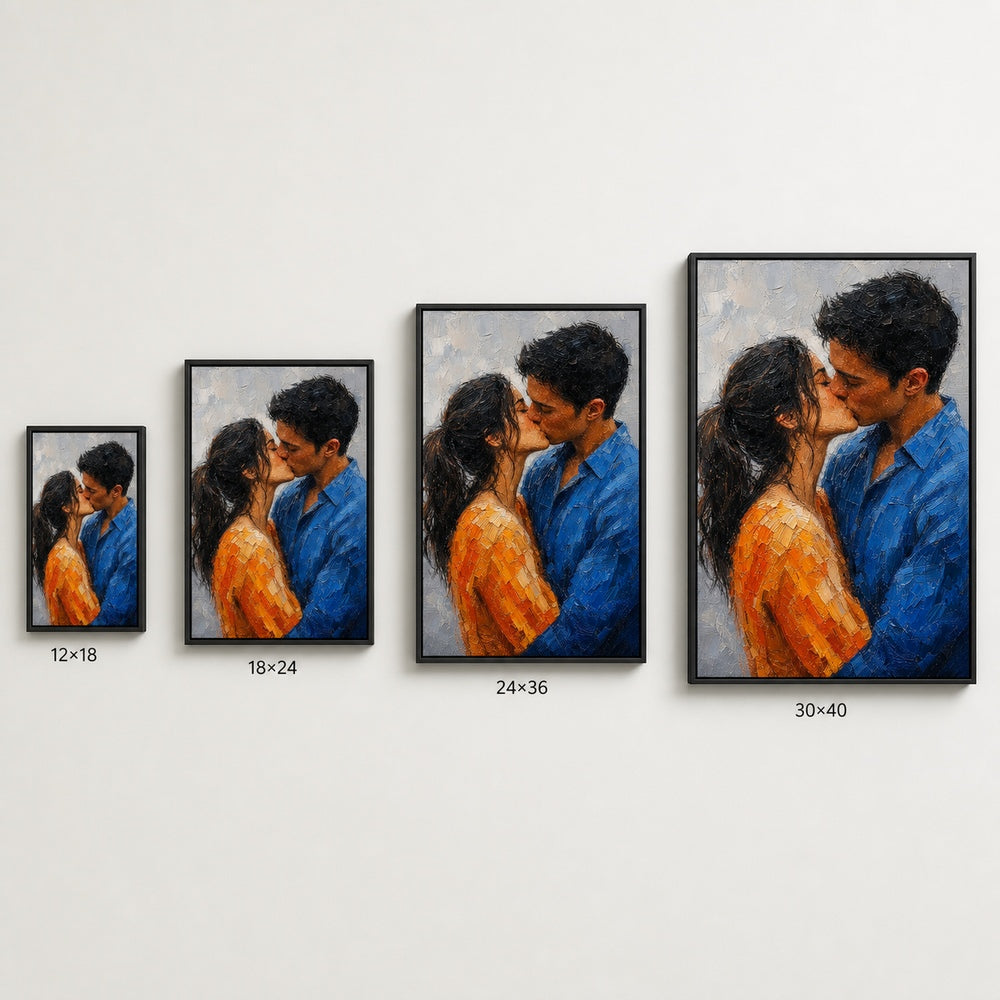 Kissing Couple Orange Blue Impasto Wall Art floating frame wall art - 06