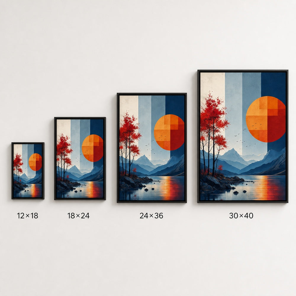 Geometric Sun Moon Mountains Lake Birds Wall Art floating frame wall art - 06