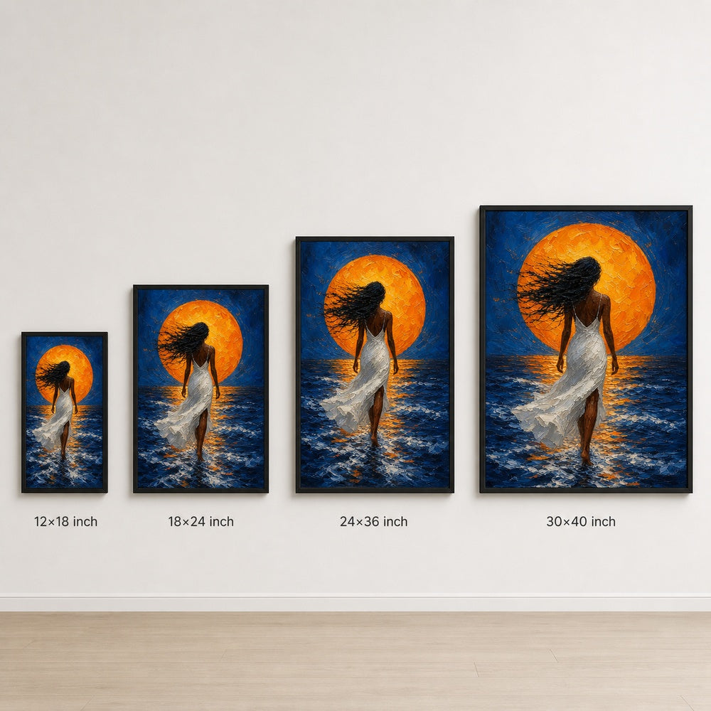 Woman White Dress Orange Sun Ocean Wall Art floating frame wall art - 06