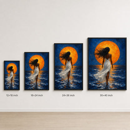 Woman White Dress Orange Sun Ocean Wall Art floating frame wall art - 06