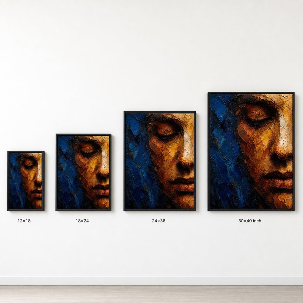 Abstract Impasto Face Blue Ochre Wall Art floating frame wall art - 06