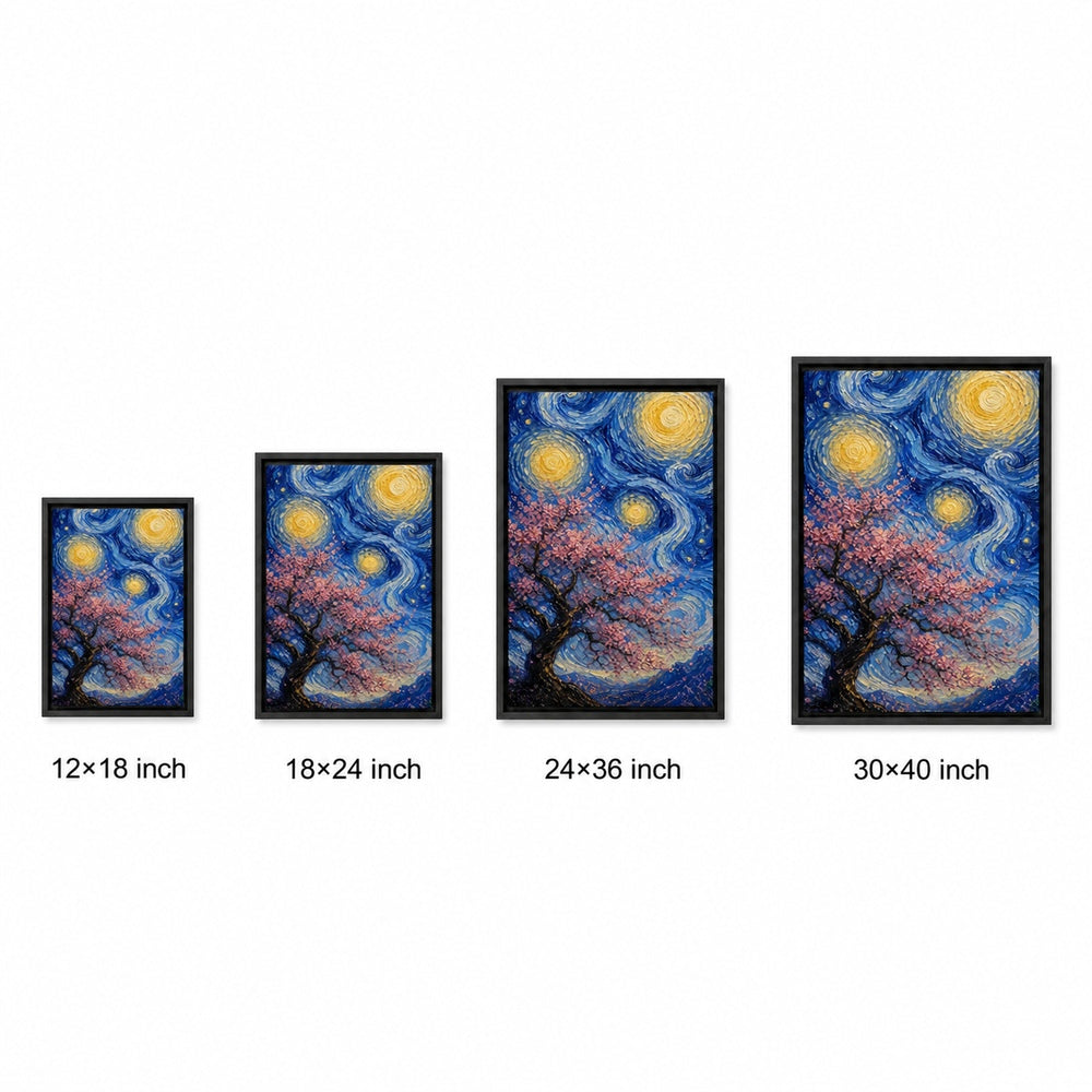 Pink Cherry Blossom Swirling Night Floater Frame Canvas Wall Art — size comparison in a floater frame