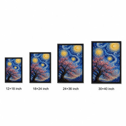 Pink Cherry Blossom Swirling Night Floater Frame Canvas Wall Art — size comparison in a floater frame